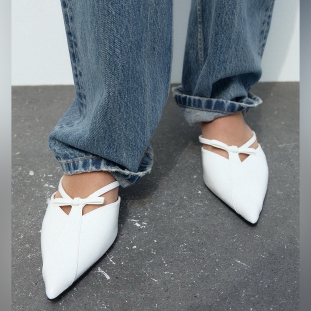 Zara White Pointed Knot-Strap Mules